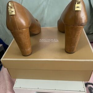 Michael Kors Cognac Leather Block Heel Pumps with Gold Zip Accent